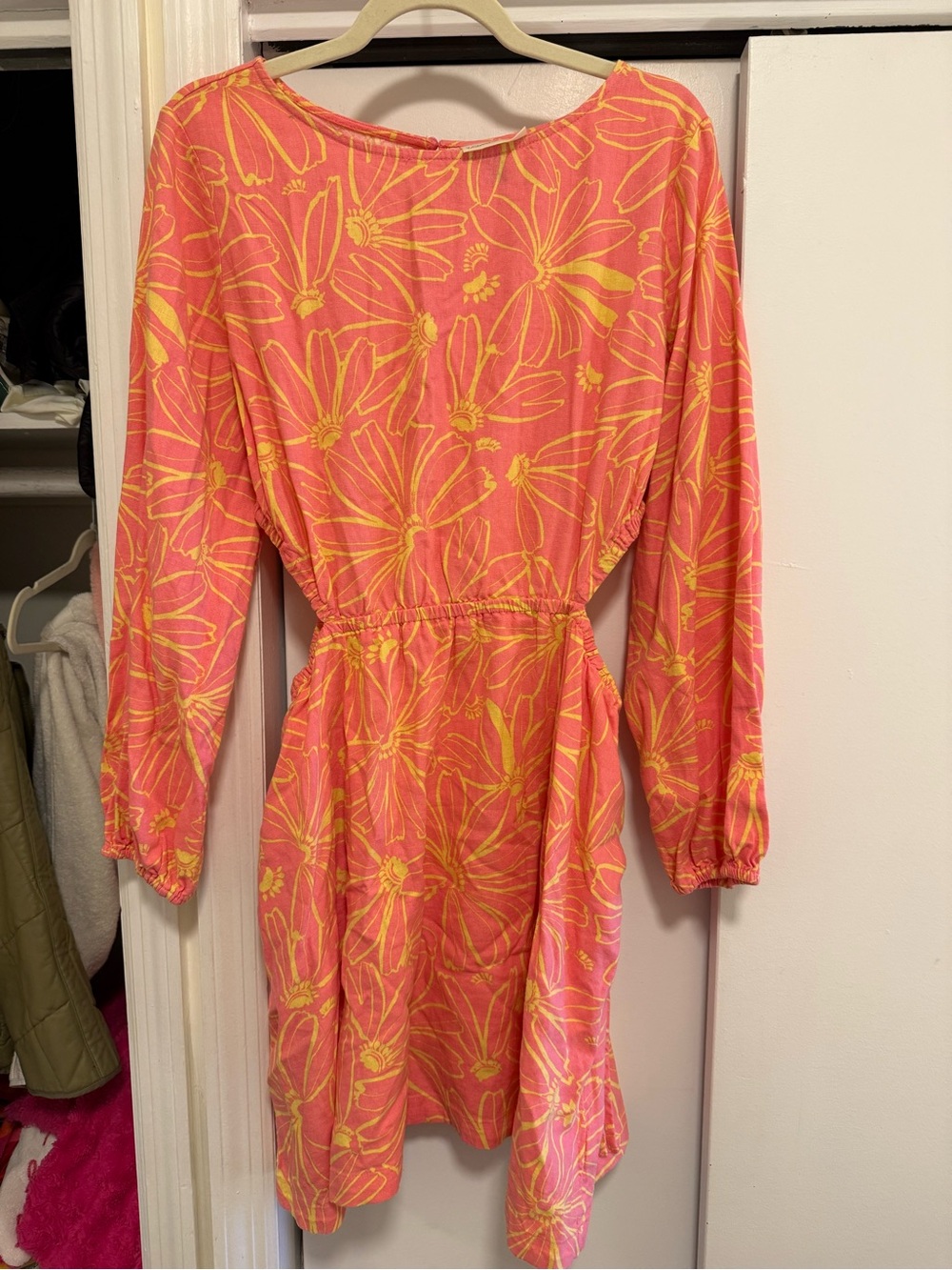 Coral Pink Floral Long-Sleeve Waist Cut Out Dress